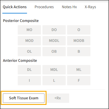 Quick Actions tab with a yellow highlight box around the Soft Tissue Exam button.